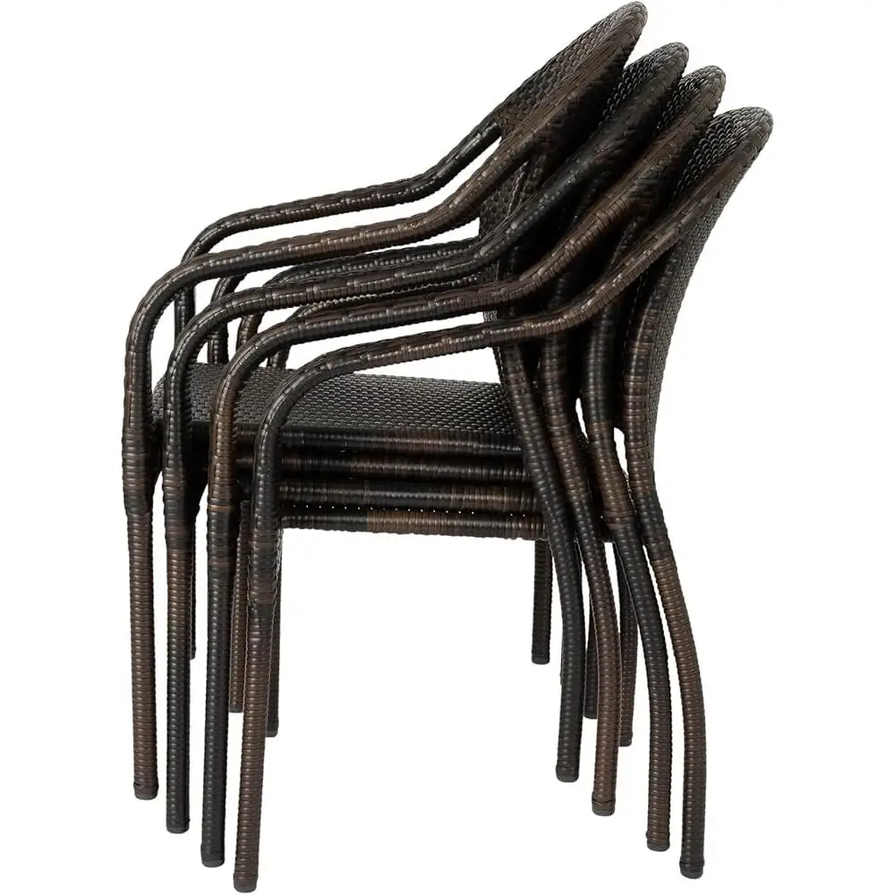 63490 Rhodos Cafe Stacking Chairs in Mocha All Weather Wicker Construction No Assembly Lightweight Indoor & Outdoor Set of 4 6