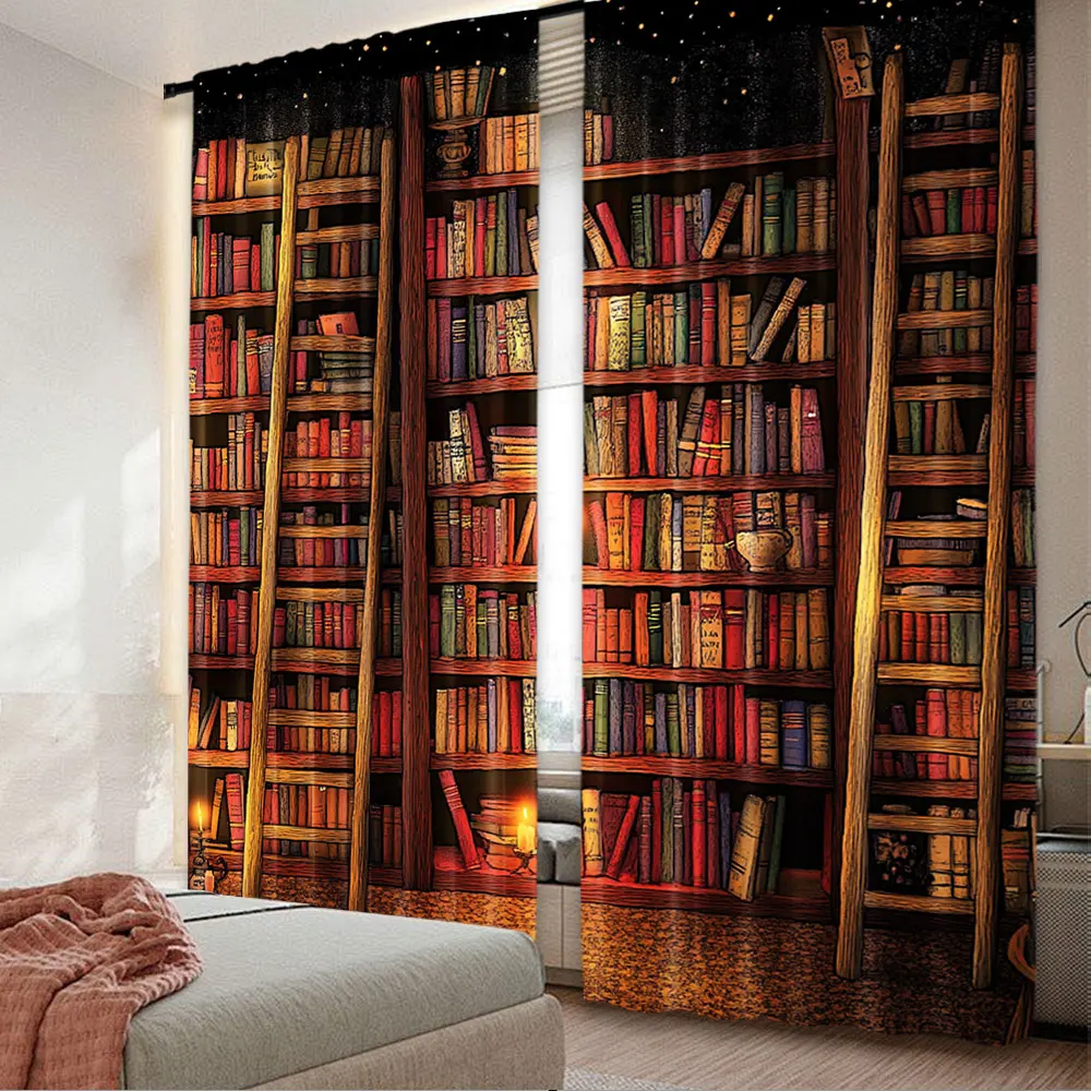 2Pcs Bookshelf Curtains Vintage Books Library Bookcase Print Bookshelf Room Decor Curtains Window Drapes For Living Room Bedroom 1