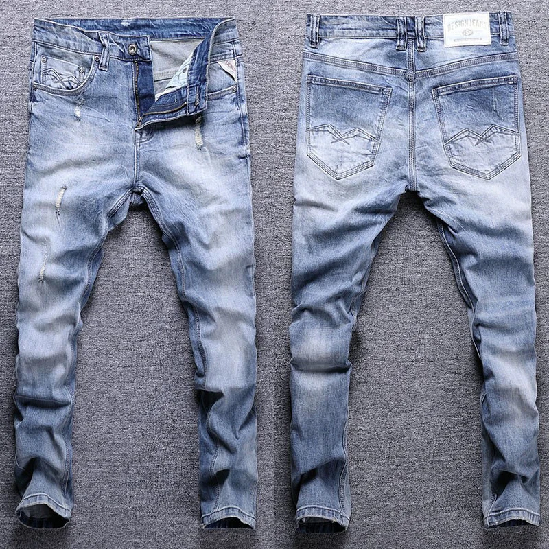 Vintage Designer Fashion Men Jeans Retro Light Blue Elastic Slim Fit Ripped Jeans Men Trousers Korean Style Casual Denim Pants poetry four seasons new products korean style loose ripped hole burr design trend personalized casual jeans men