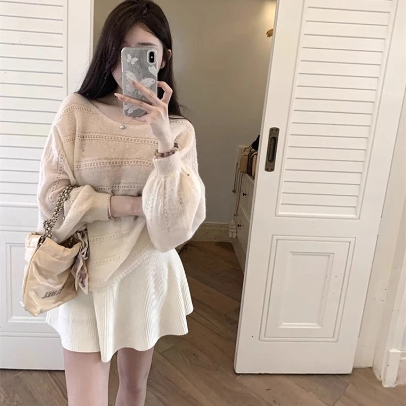 Autumn Fashion Elegant Thin Lantern Sleeve Office Casual Knitwear Top New Women's Clothing Knitted Hollow Crew Neck Sweater