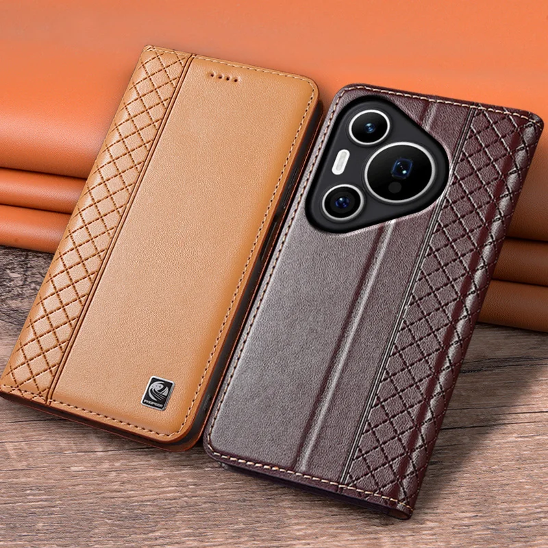 Luxury Cowhide Genuine Leather Wallet Flip Case with Napa Grid Magnetic Cover