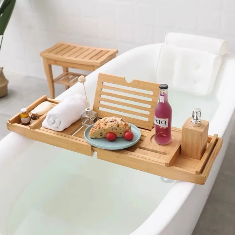 Bamboo Bathtub Caddy with Non-Slip Tray Extendable Spa Organizer for Tub/Wooden Bucket Waterproof Multi-Functional Bath Shelf