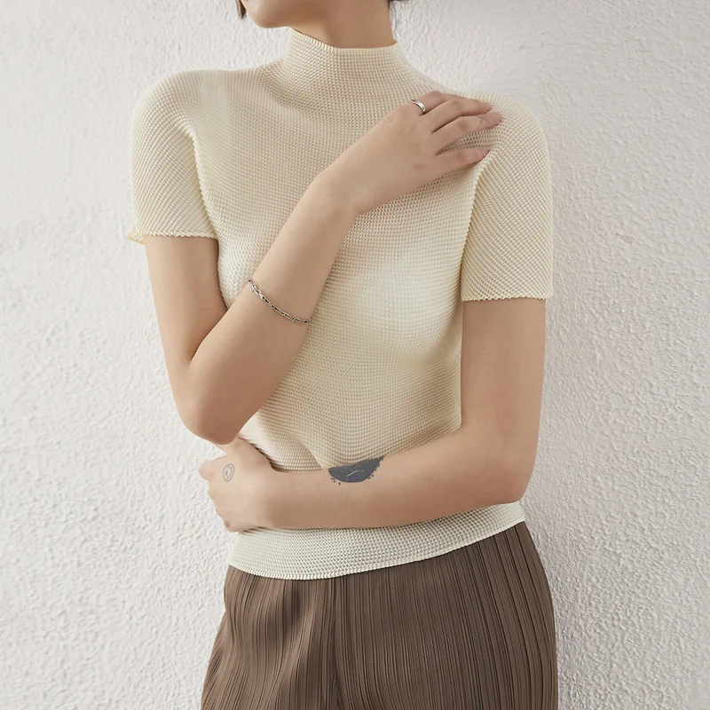 

Miyake pleated top women's summer 2022 new temperament slim fit elastic thin short-sleeved T-shirt