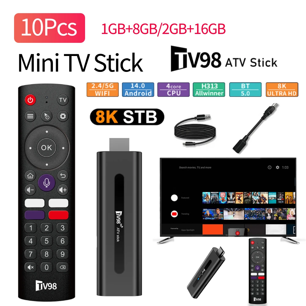 TV98 ATV H313 Android TV Stick 14.0 8K 2.4G/5G WiFi Quad Core BT5.0 Set ...