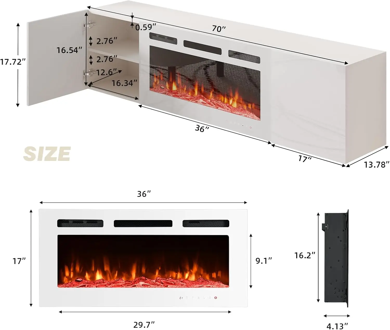 70'' Floating TV Stand with 36'' Electric Fireplace,High Gloss Finish Entertainment Center with 12 Flame Fireplace Insert Heater 2