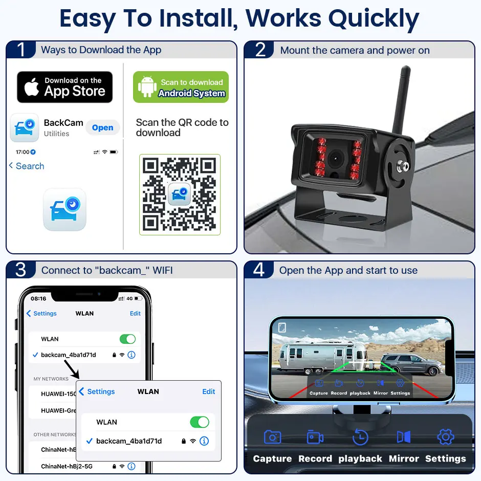 5G 와이파이 트럭 트레일러 버스 RV HD 720P 50M 무선 DVR 레코더 차량 전후방 카메라 IOS 안드로이드 야간 시야 지원
