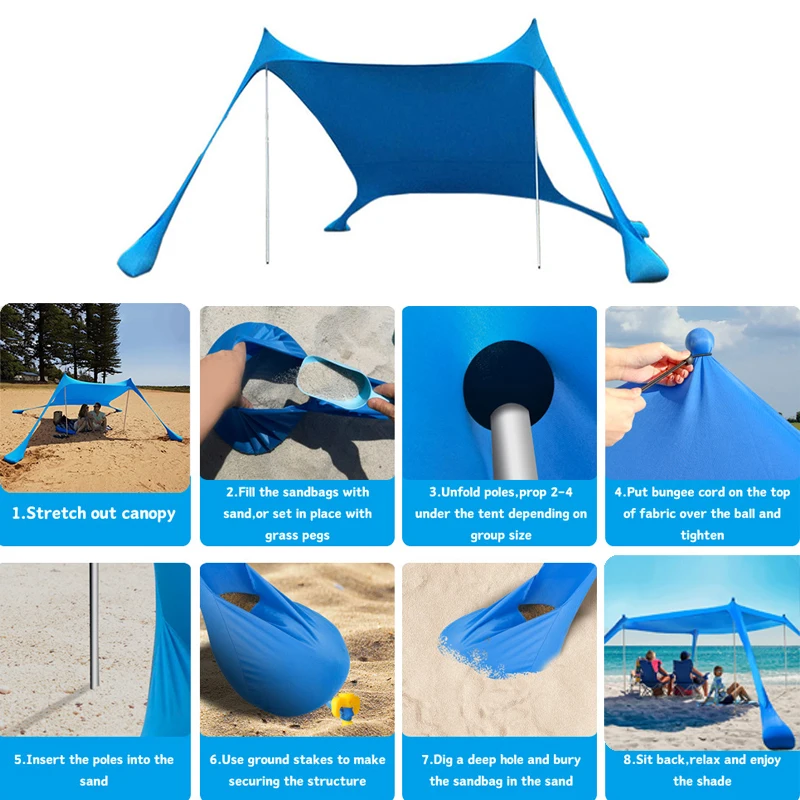 Family Beach Awning Ultralight Sun Shade Tent Sandbag Uv Large Portable Beach Canopy