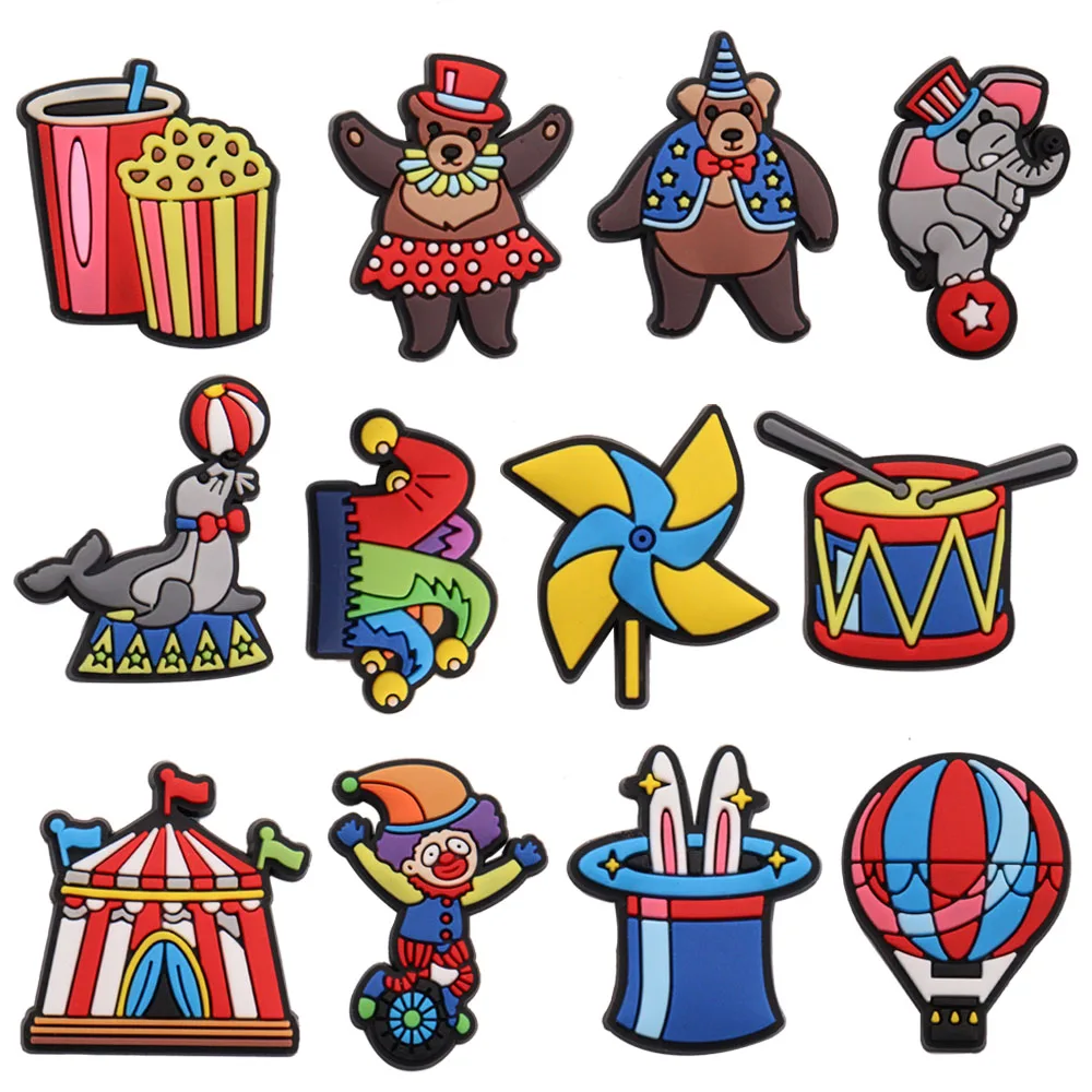 

1pcs PVC Shoe Charms Popcorn Bear Poster Hat Windmill Drum Tent Clown Hole Slipper Decorations for Bands Kids Party Xmas Gifts