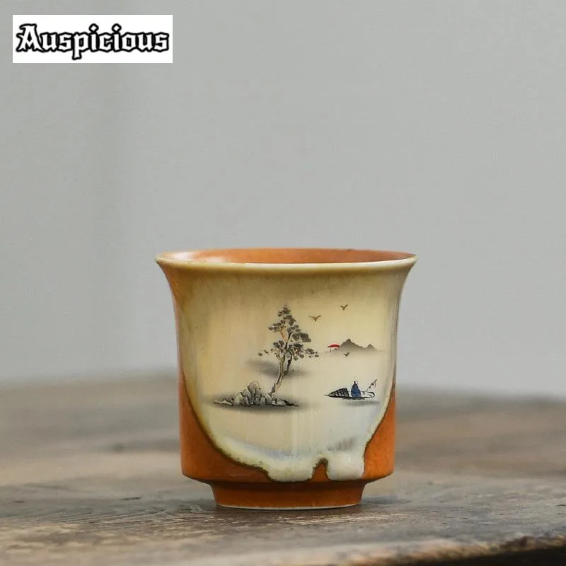 Tea Cup 120ml Antique Soda Galze Ceramic Teacup Retro Ink River Fishing Master Cup Japanese Coarse Pottery Large Mug Kung Fu Teaset Gift