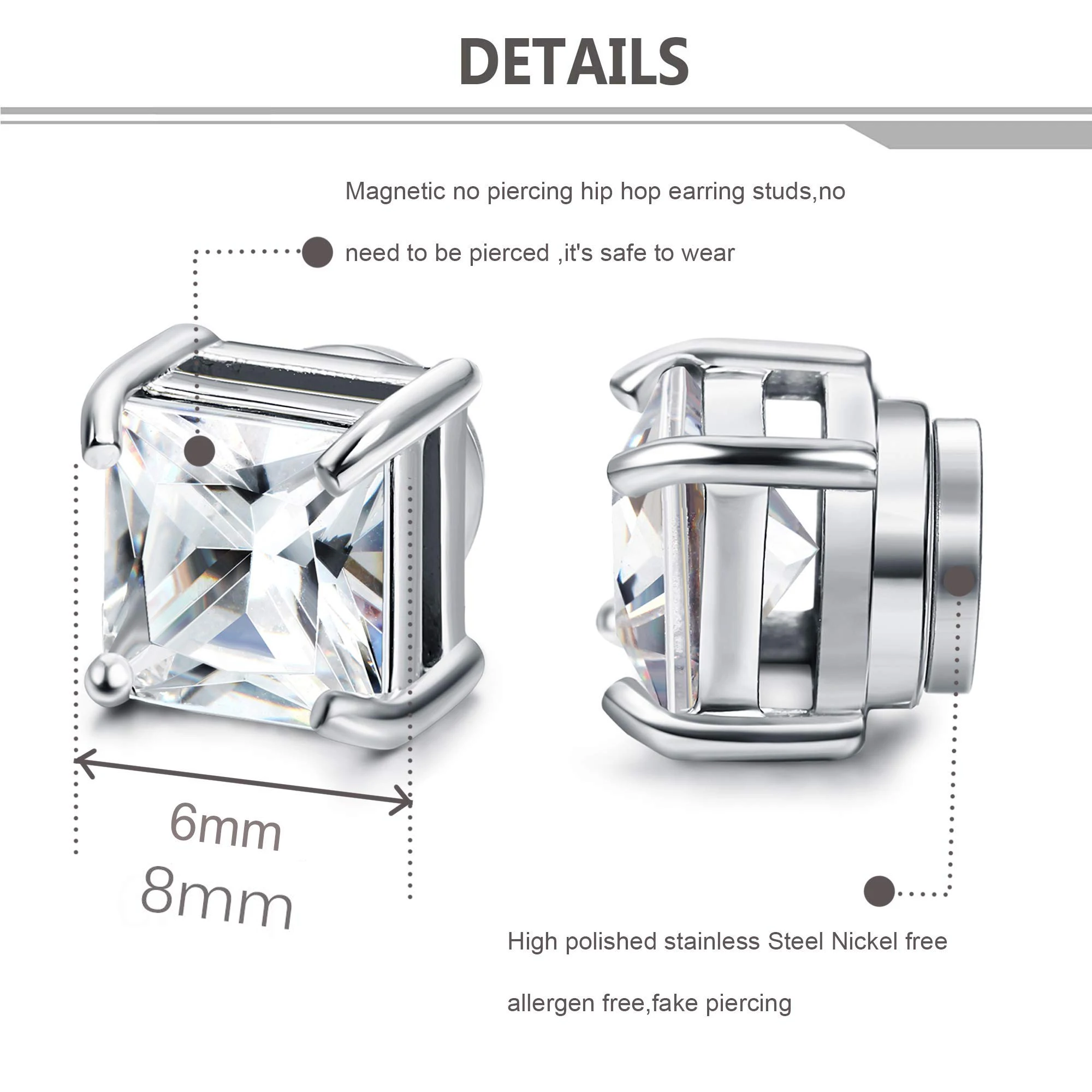4 Pairs Stainless Steel Magnetic Stud Earrings for Men Women Non Piercing Clip on CZ Earrings 6MM 