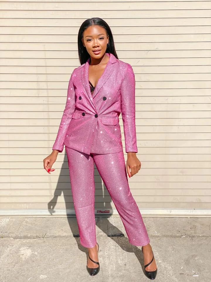 Luxury Glitter Blazer Set Plus Size Shiny Sparkly Pink Pant Suit