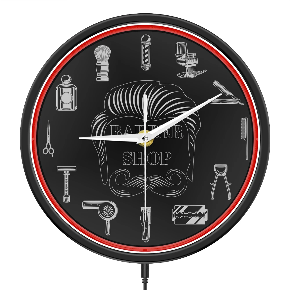 Barber Shop Red Neon Logo Metal Frame Wall Clock for Man Cave Barbering Business Sign Flexible Flex illuminated Neon Wall Clock