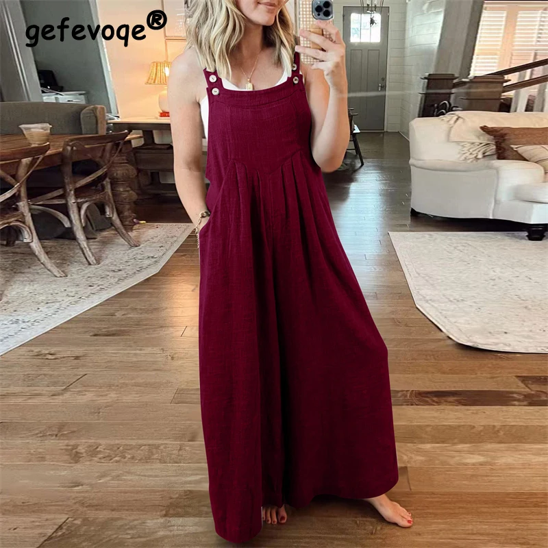 2023 Summer Vintage Casual Streetwear Pleated Overalls Rompers Female Solid Sleeveless Pockets Beach Wide Leg Jumpsuits Outfits
