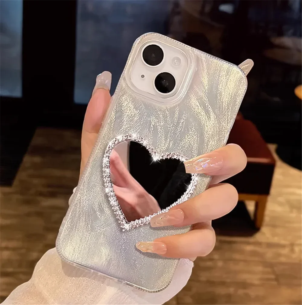 Luxury Diamond Heart Mirror Phone Case - Laser Shockproof Soft Silicone Back Cover