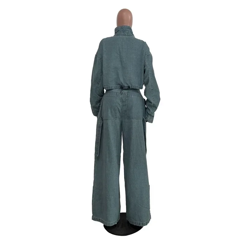 Solid Loose Casual Denim 2 Piece Set Women Autumn Stand Collar Zipper Jacket High Waist Pocket Wide Leg Pants Hipster Streetwear