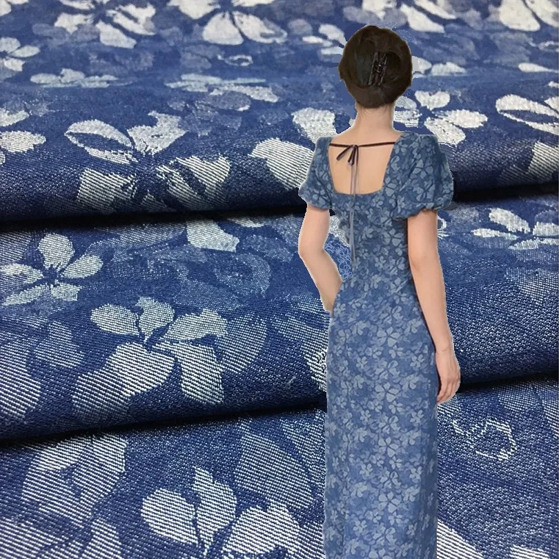 Blue Washed Denim Fabric Jacquard Stretch Fabric for Skirt Clothes and Coat Pants Handmade Diy Clothing