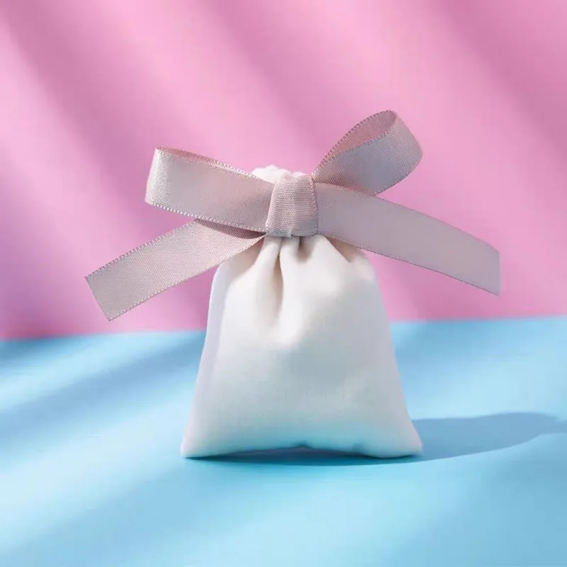 Beige Bow Velvet Jewelry Drawstring Bags Girls Small Gift Package Women Ribbon Pouch Necklace Bracelet Earrings Storage Parcel