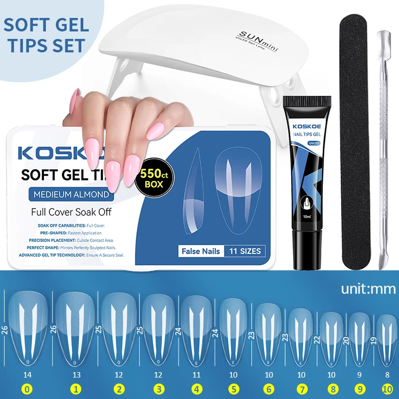 

KOSKOE Nail Tips Glue Gel Press on False Nail Tips Set Nail Extension Soft Gel UV Lamp Nail Files Accessories Nail Starter Kit
