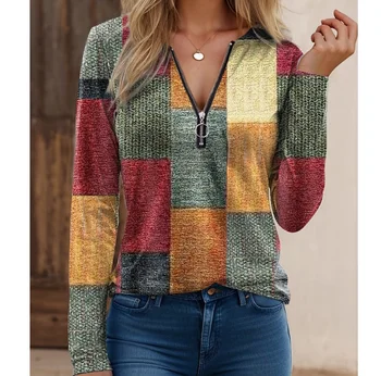 Spring Autumn Blouse Shirts Women Zipper V-Neck Comfortable Shirts Loose Long Sleeve Tops Fashion Female Tee Street Clothes 1