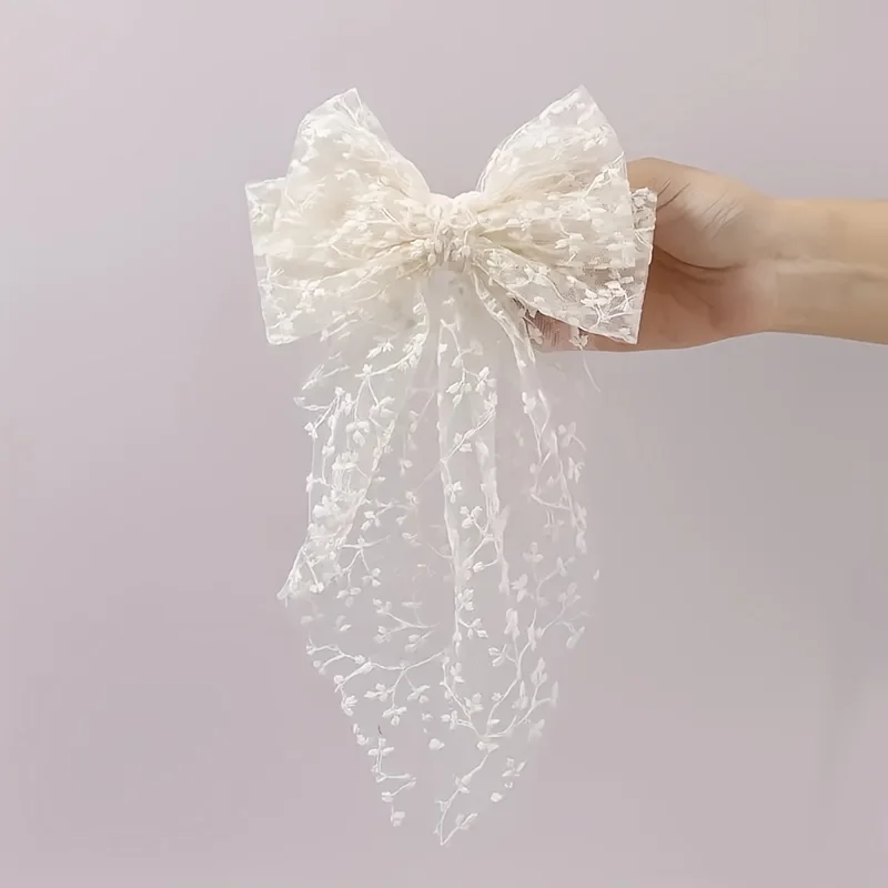 1pc 레이스 리본 스프링 헤어 클립, 달콤하고 우아한, 여성을 위한 슈퍼 요정 같은 자수 긴 리본 헤어 클립