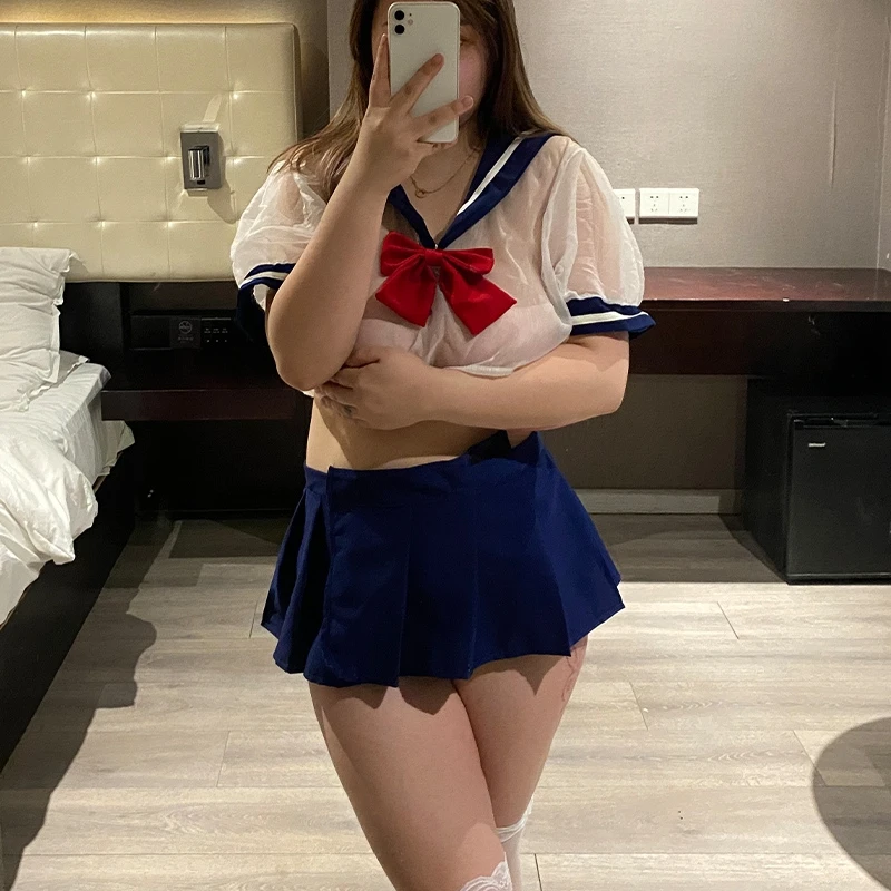 Women Sexy Cosplay Lingerie Set Plus Size School Girl Erotic Costume Sex Miniskirt Outfit See Through Short Top Kawaii Lingerie