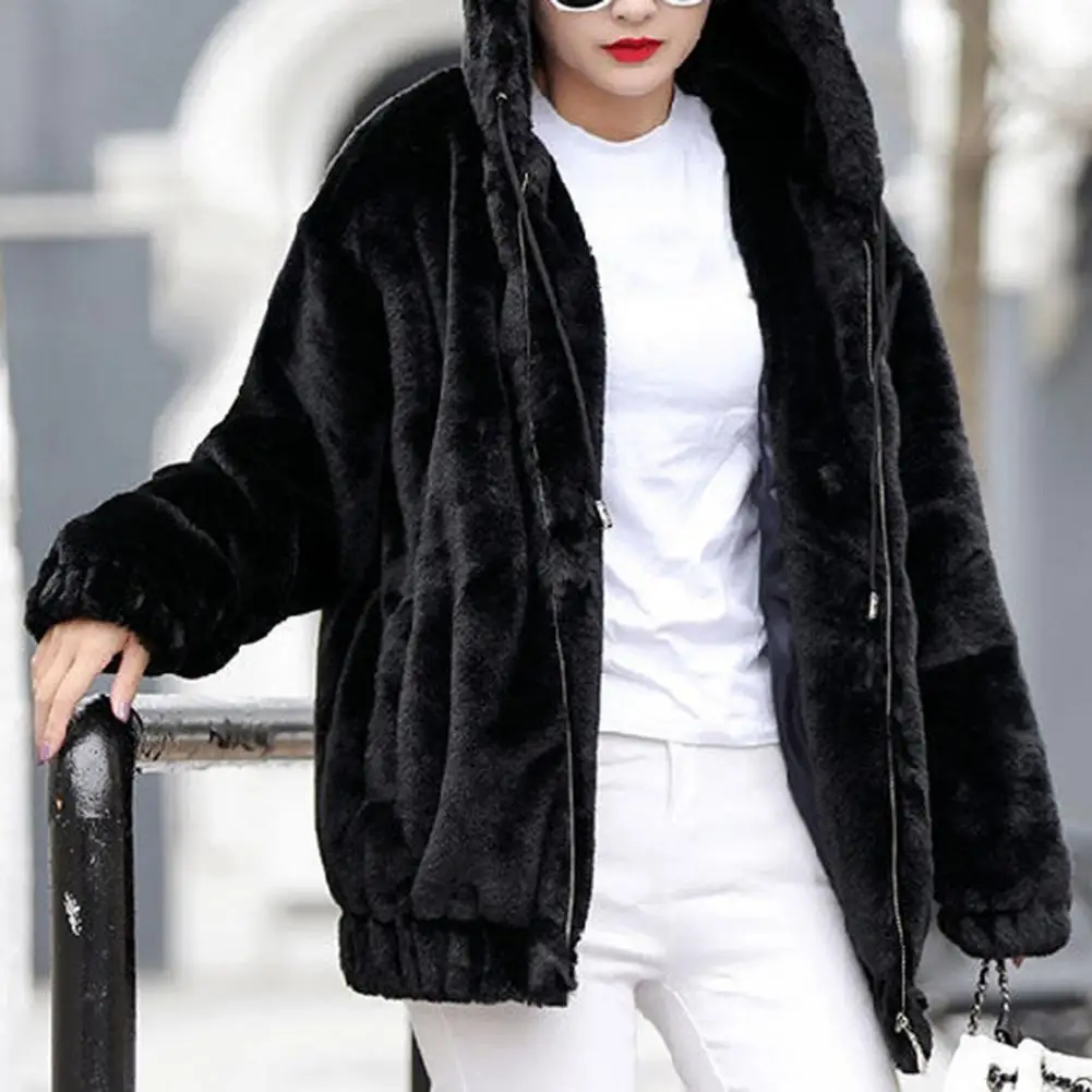 

Women Solid Color Jacket Women's Warm Plush Hooded Jacket with Soft Zipper Closure Loose Fit Winter Windproof Coat for Fall Long