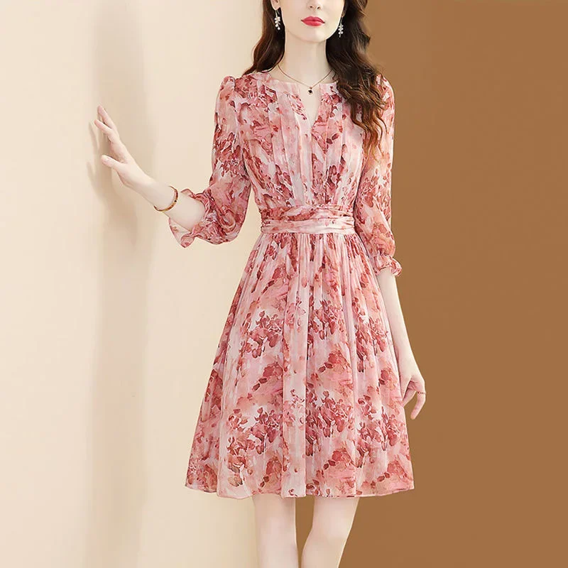 

Elegant V-Neck Spliced Chiffon Printed Ruffles Folds Mini Dress Women's Clothing 2023 Summer Loose Office Lady Floral Dress B017