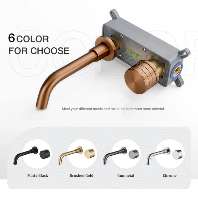 ก๊อกน้ำติดผนังแบบมินิมอล สีทองเหลืองขัดเงา สีโรสโกลด์ ดีไซน์ทันสมัย แบบฝัง 2 รู สำหรับน้ำร้อนและน้ำเย็นในห้องน้ำ 5