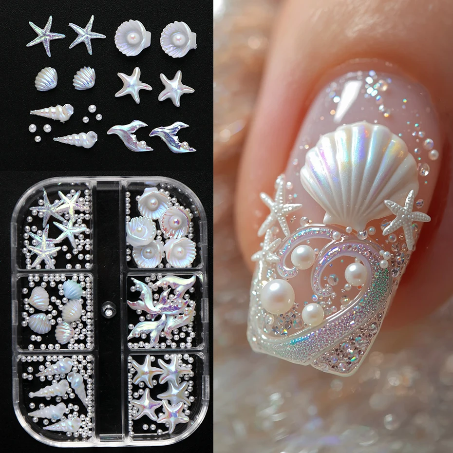 6Grids Pearlescent Shell Nail Charms Mini White Starfish, Shells, Pearl Design Ice-Clear Aurora Ocean Series Nail Rhinestones