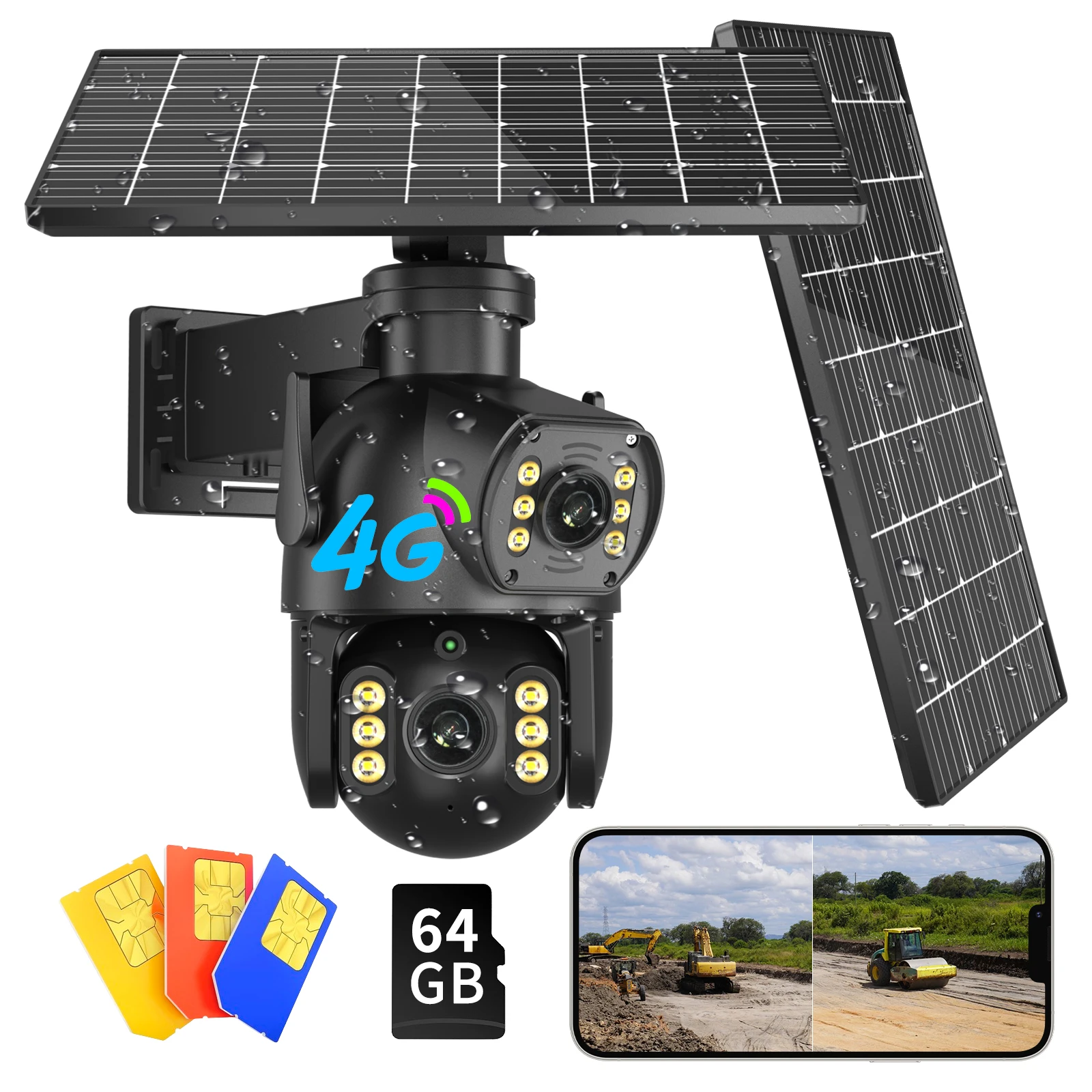 8MP 4K Solar Powered 4G SIM Card Camera 64G door Dual Lens Binocular Network Camera PIR Human Body Sensing Video Security Camera 1