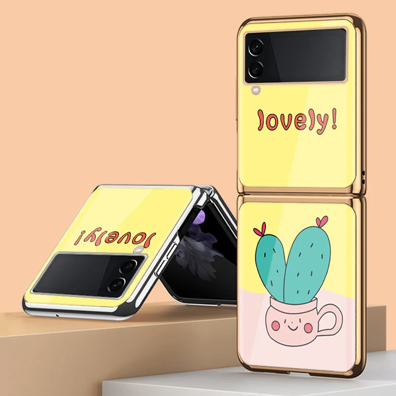 

Флип-чехол Z 4, чехол для Samsung Galaxy Z, флип 4, 3, 2, 1, мультяшный милый кактус, покрытие из закаленного стекла, защитный чехол для телефона