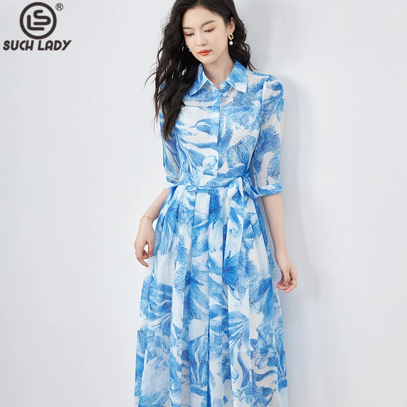 

Women's Runway Dresses Turn Down Collar Short Sleeves Printed Pleated Lace Up Belt Fashion Casual Vestidos