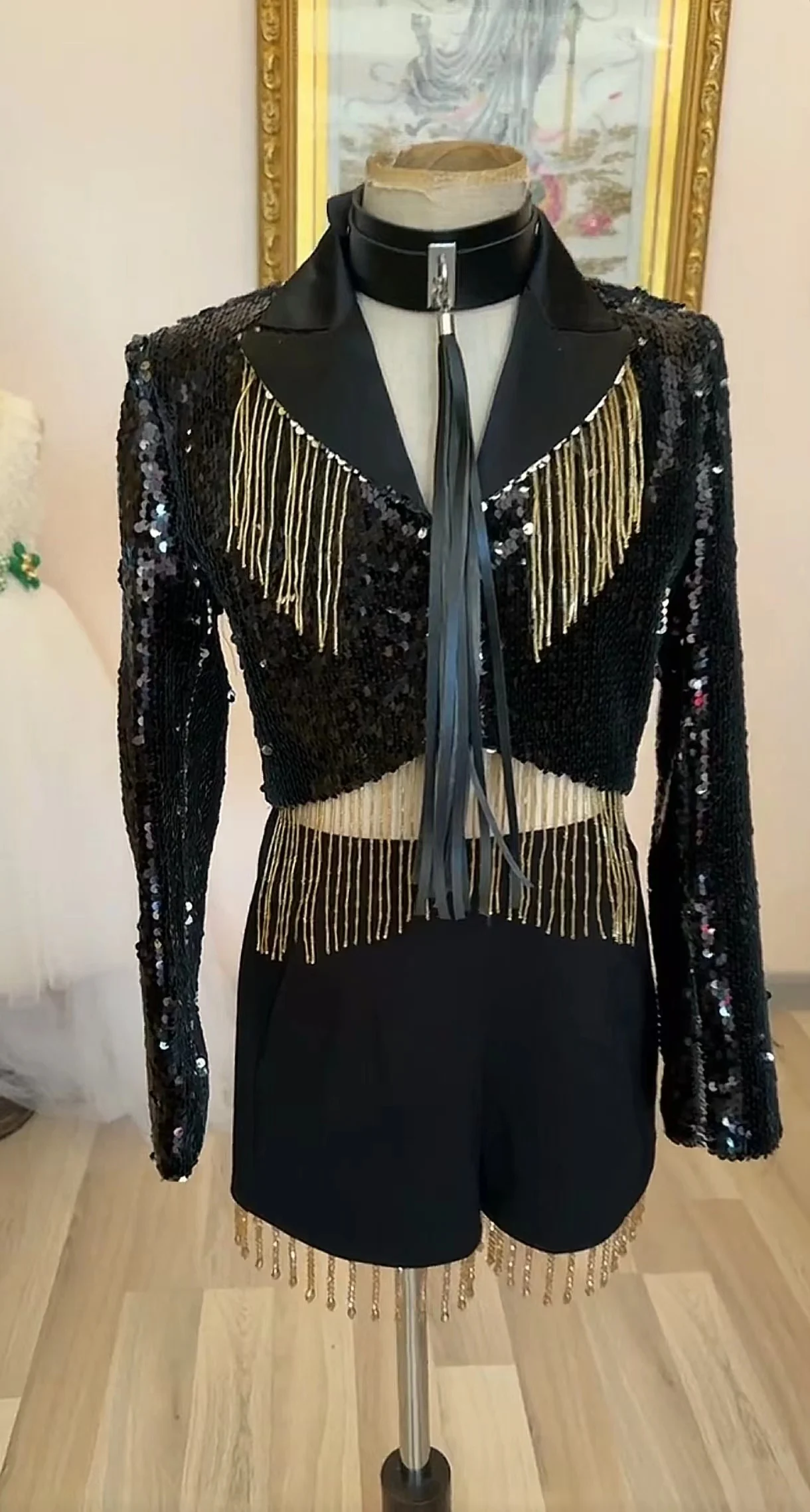 

Women Girl's Fashion Black Sequins Tassel Suits Costumes Bar Club Singer Dancer Stage Show Performance Clothes Party Theme Wear