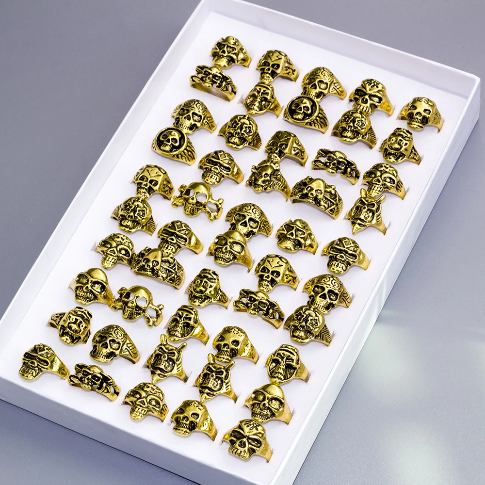 100Pcs Bulk Wholesale Ring Lots Skull Rings For Female Lady Man Skeleton Vintage Gothic Jewelry Biker Punk Ring Party