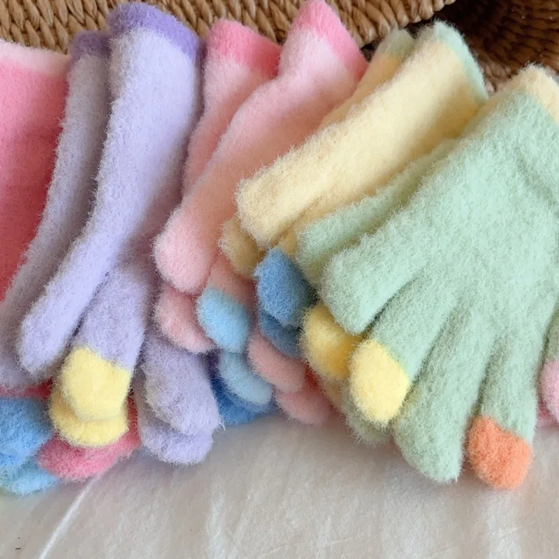 Candy Colour System Plush Kids Gloves Kids Winter Cold Warm Thickened Gloves Children Windproof Five-finger Glof Coloured Glof