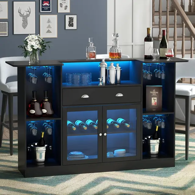 Bar Table Cabinet with LED & Drawer, Mini Liquor Bar with 8-Tier Storage & Stemware Holder, Wine Alcohol Bar Stand, Customized