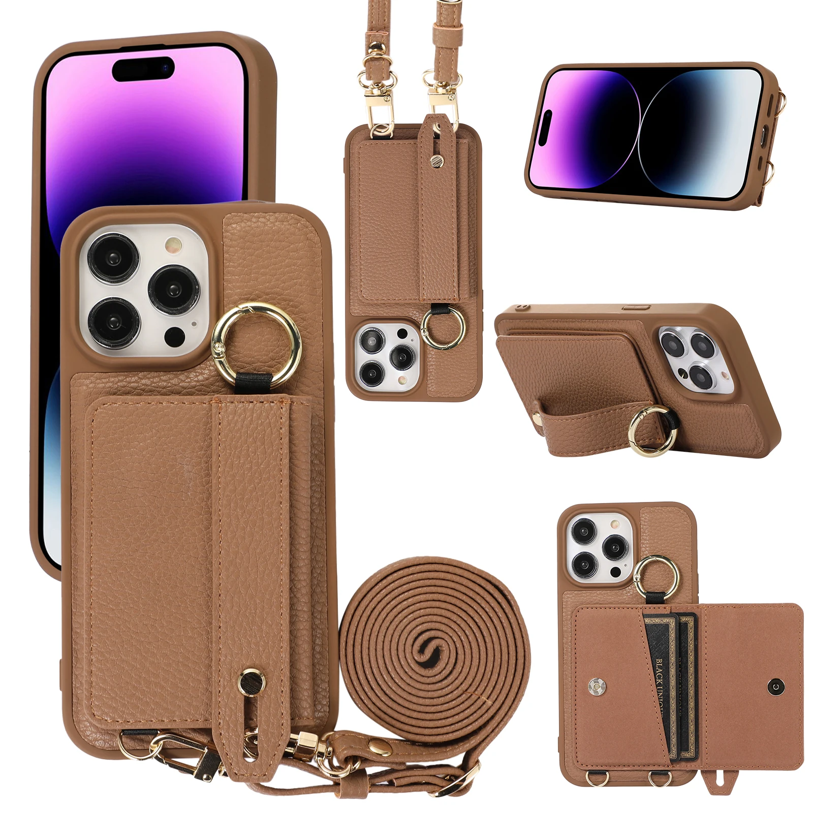 

Crossbody Litchi Leather Finger Ring Hand Strap Card Holder Wallet Case For iPhone 14 Pro Max 15 13 12 11 Kickstand Phone Cover