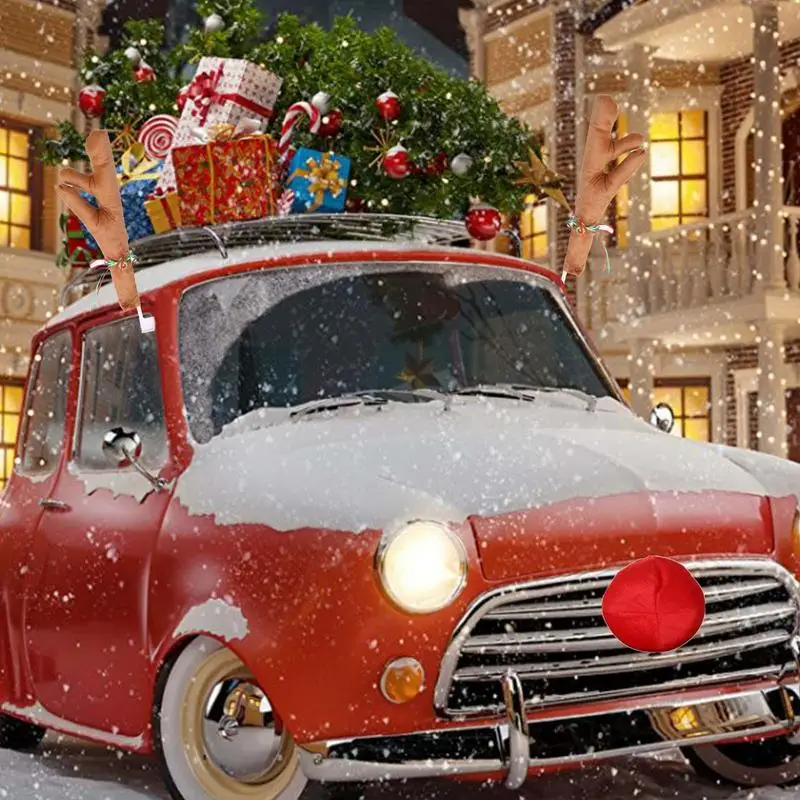 Rentiere Deko Auto Fahrzeug Nase Horn Kostüm Set Rudolph Weihnachten  Rentiergeweih rote Nase Ornamente Elch Geweih mit Licht