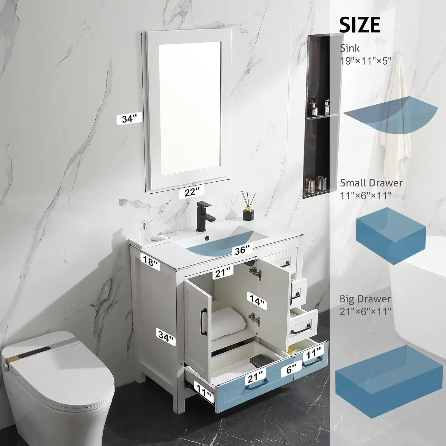 36" Bathroom Vanities Cabinet with Sink Combo Set Undermount Ceramic Sink w/Thickened Wood Painted Surface White 2