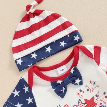 Lioraitiin Baby Boys 4th of July Outfit Letter Print Short Sleeve Rompers Stripe Stars Suspender Long Pants Hat 3Pcs Clothes Set 6