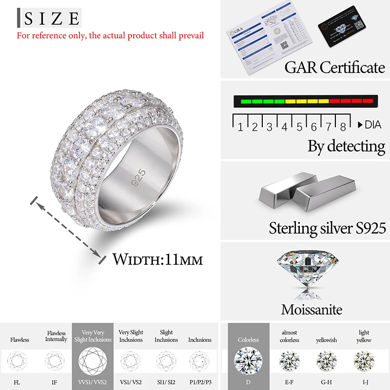 Luxury VVS1 3 Row 11mm Width Moissanite Ring In S925 Silver Ring Hip Hop Jewelry Pave Setting With Certificate Fine Jewlery Gift 3