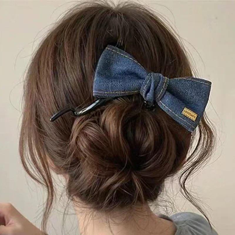 2025 New Korean Retro Denim Bow Hair Clips for Women S-Shaped