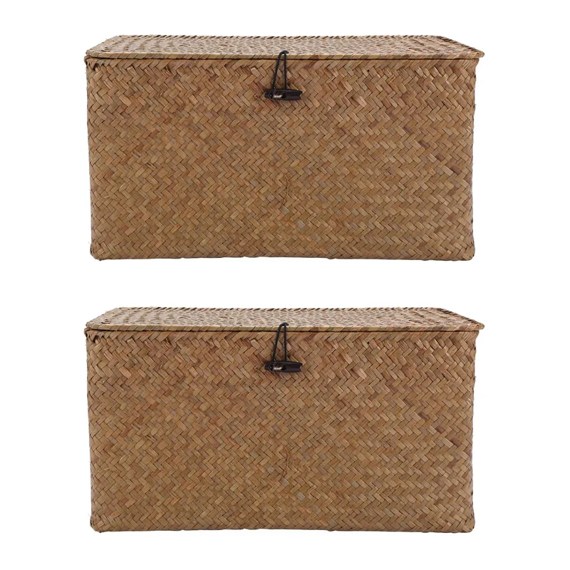 

LUDA 2X Handmade Straw Woven Storage Basket With Lid Makeup Organizer Storage Box Seagrass Laundry Baskets Jewelry Box(M)