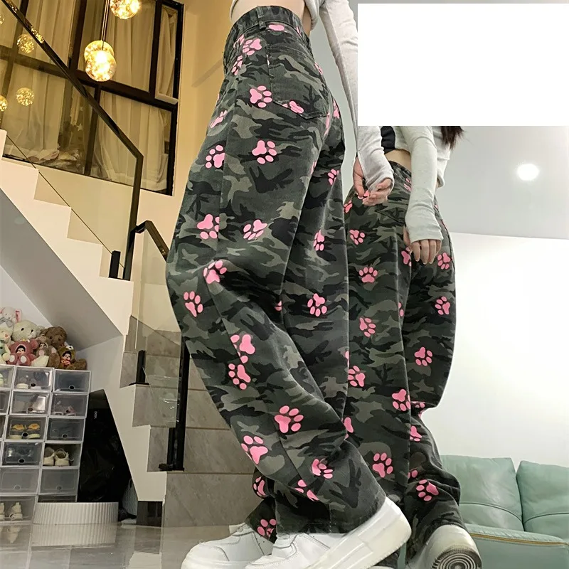 Spring Autumn Women's Button Zipper Pockets Camouflage Geometric Cartoon Print Straight Leg Casual Sports Fashion Trousers Pants