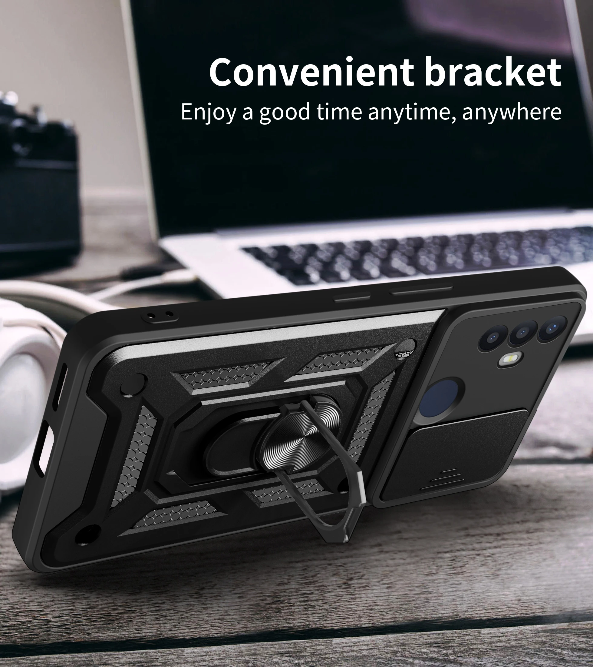 Armored Sliding Shockproof Phone Case with Camera Lens Protection and Metal Ring Holder Back Cover