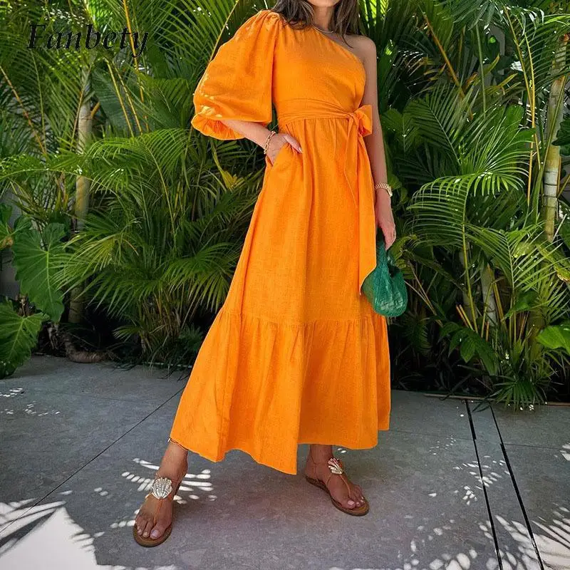 

Women Fashion Casual One Shoulder Party Dress 2023 Sweet Tie-Up Bow Long Dress Women Elegant Solid Color A-Line Maxi Dress Mujer