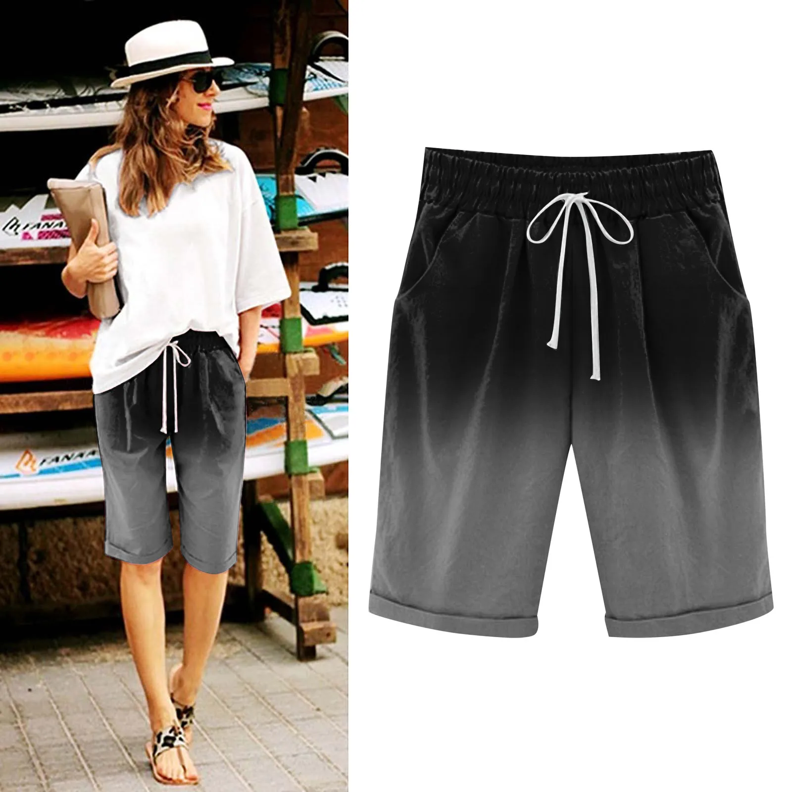 

Summer Gradient Color Shorts Women Casual Drawstring Elastic Shorts Knee Length Bermuda Shorts For Women Large Size Beach Wear