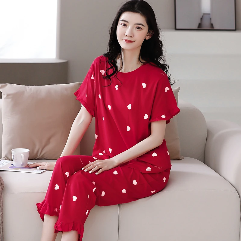 

Summer Pajamas Set 100%Cotton Ladies Sleepwear Short Sleeve Round Neck Female Nightwear Homewear Pyjamas Femme