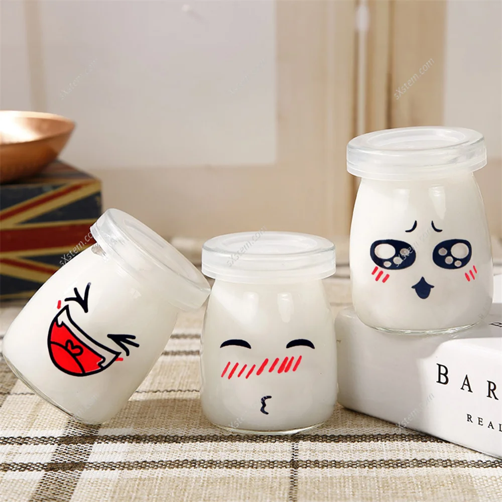 6pcs 150ml 200ml Cartoon Glass Jars with Lids for Yogurt DIY Milk  High Temperature Pudding Bottle Jelly Cups Kitchen Supplies 6