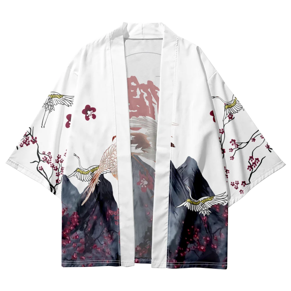 

Summer Women Crane Print Kimono Men Fashion Streetwear Hawaiian Shirt Beach Loose Cardigan Bathrobes Yukata Japanese Haori